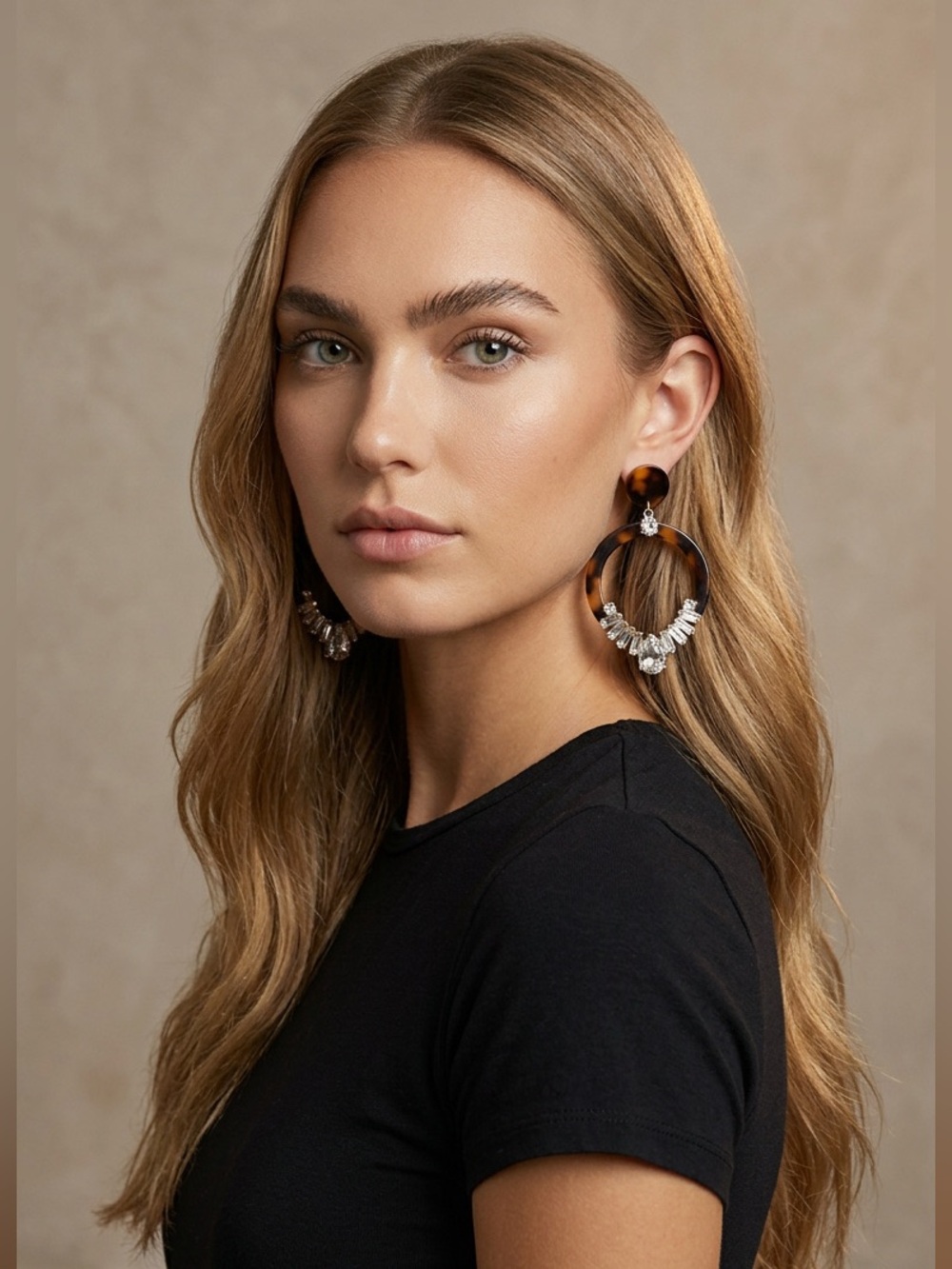 Joan Vass Brown Tortoiseshell Hoop Earrings with Crystal Drops